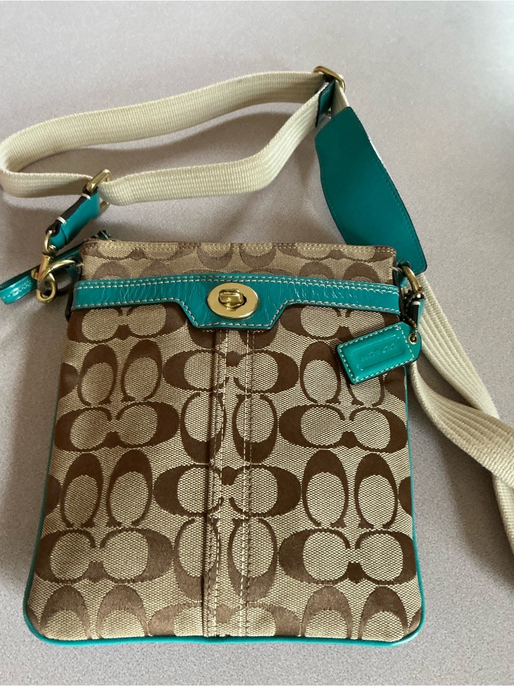 Coach Signature Canvas Crossbody in Brown and Teal
